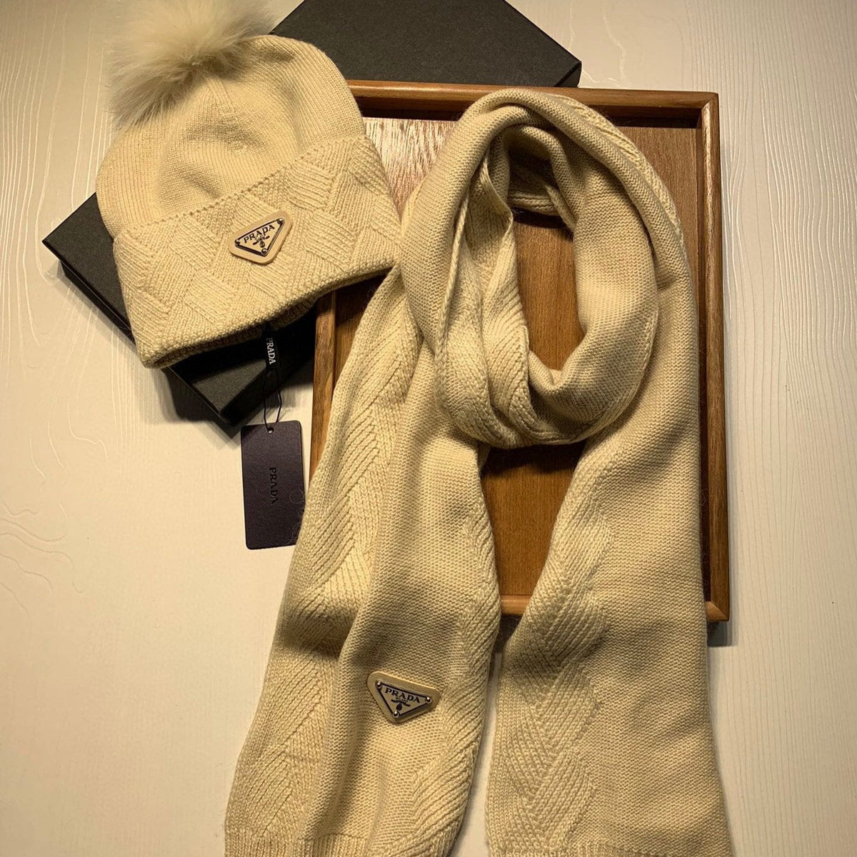 SET SCARF AND HAT IN BISQUE BEIGE WOOL AND RABBIT FUR 416365