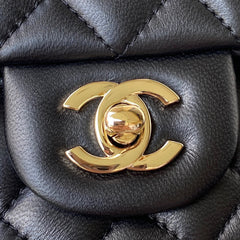 CHANEL 25S MINI FLAP BAG WITH TOP HANDLE 20 IN BLACK CALFSKIN GOLD HARDWARE