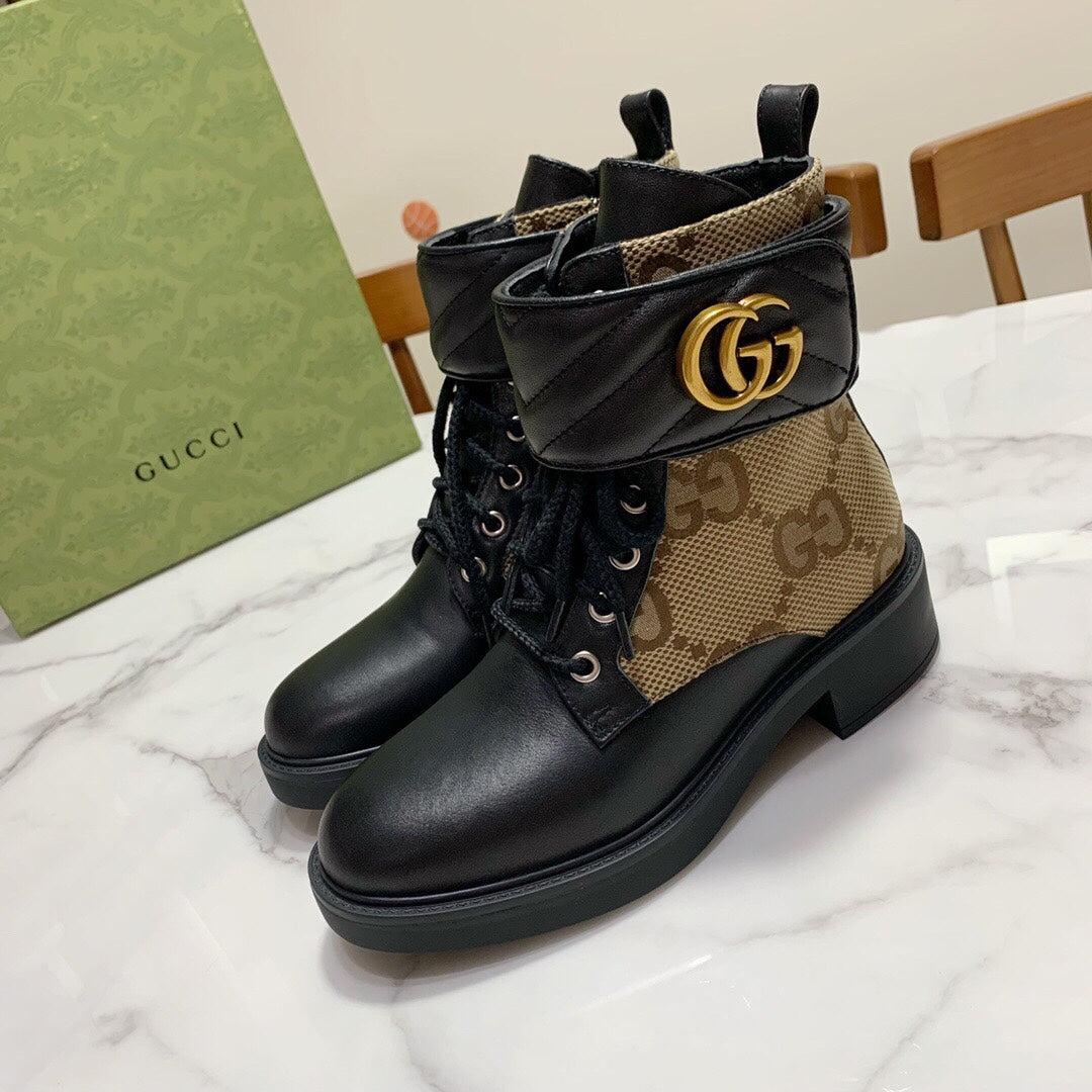 LACE-UP ANKLE BOOTS WITH DOUBLE G BUCKLE IN BEIGE CANVAS AND BLACK SHEEPSKIN