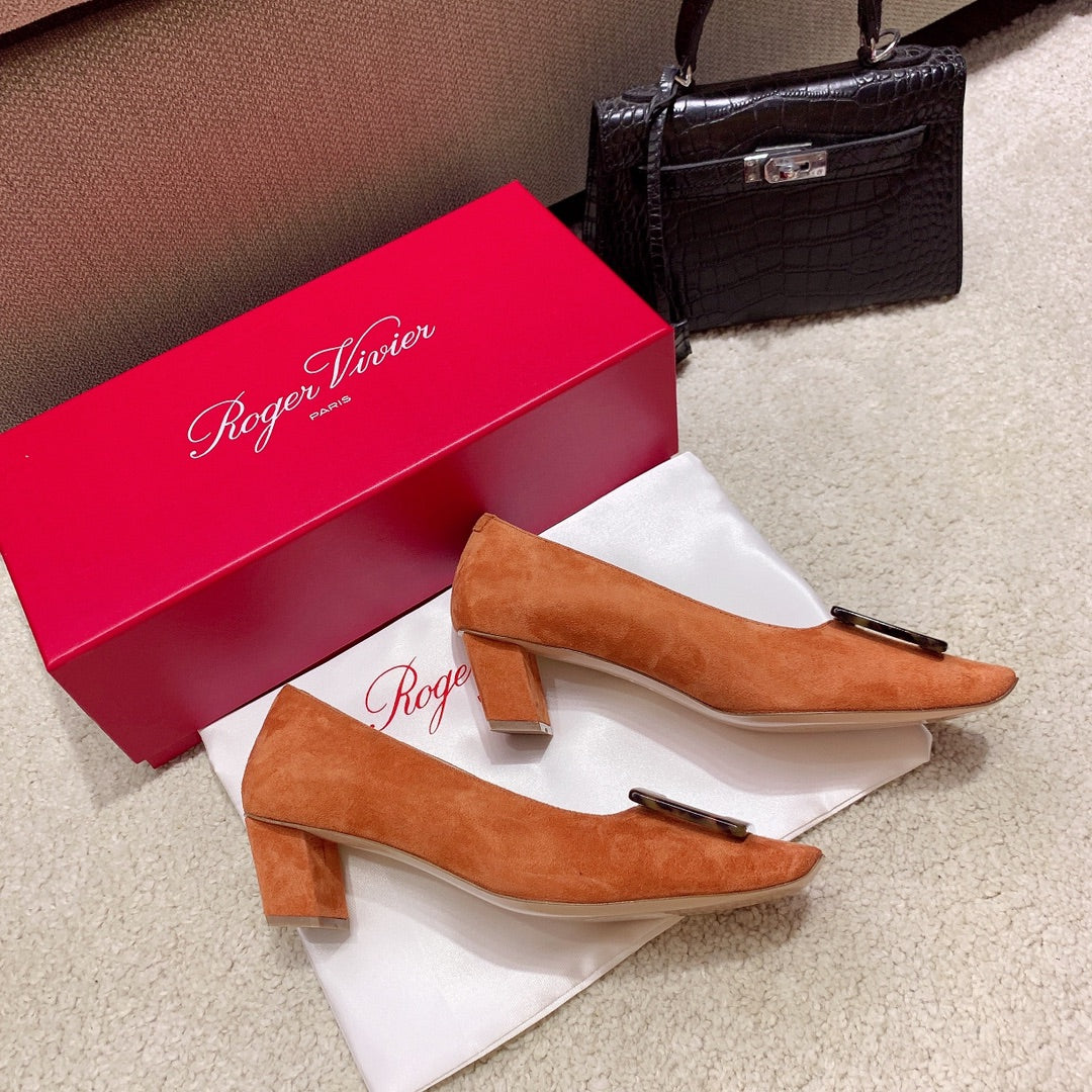 BELLE VIVIER PUMPS IN TAN ORANGE SUEDE TORTOISESHELL BUCKLE