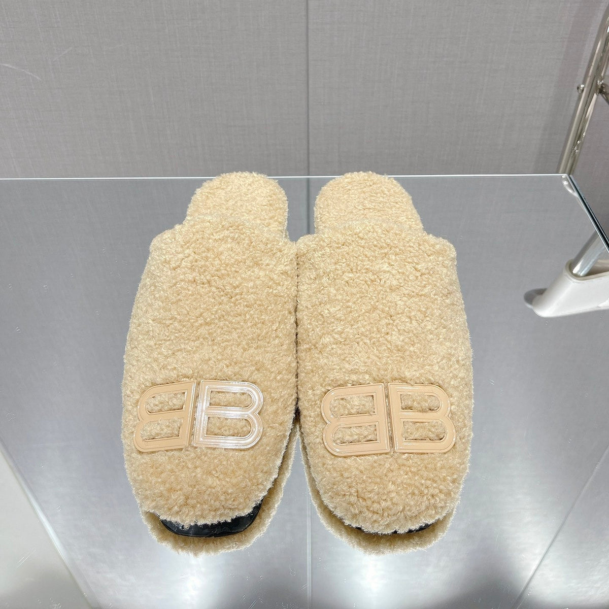 BALENCIAGA 25S MULES IN BEIGE WOOL WITH LOGO
