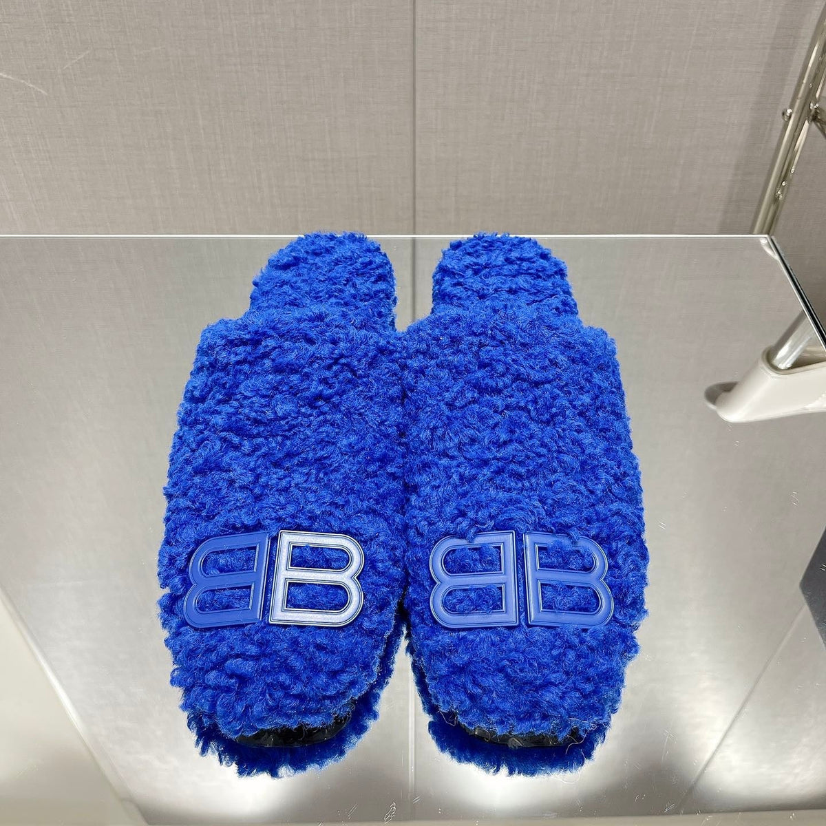 BALENCIAGA 25S MULES IN BLUE WOOL WITH LOGO