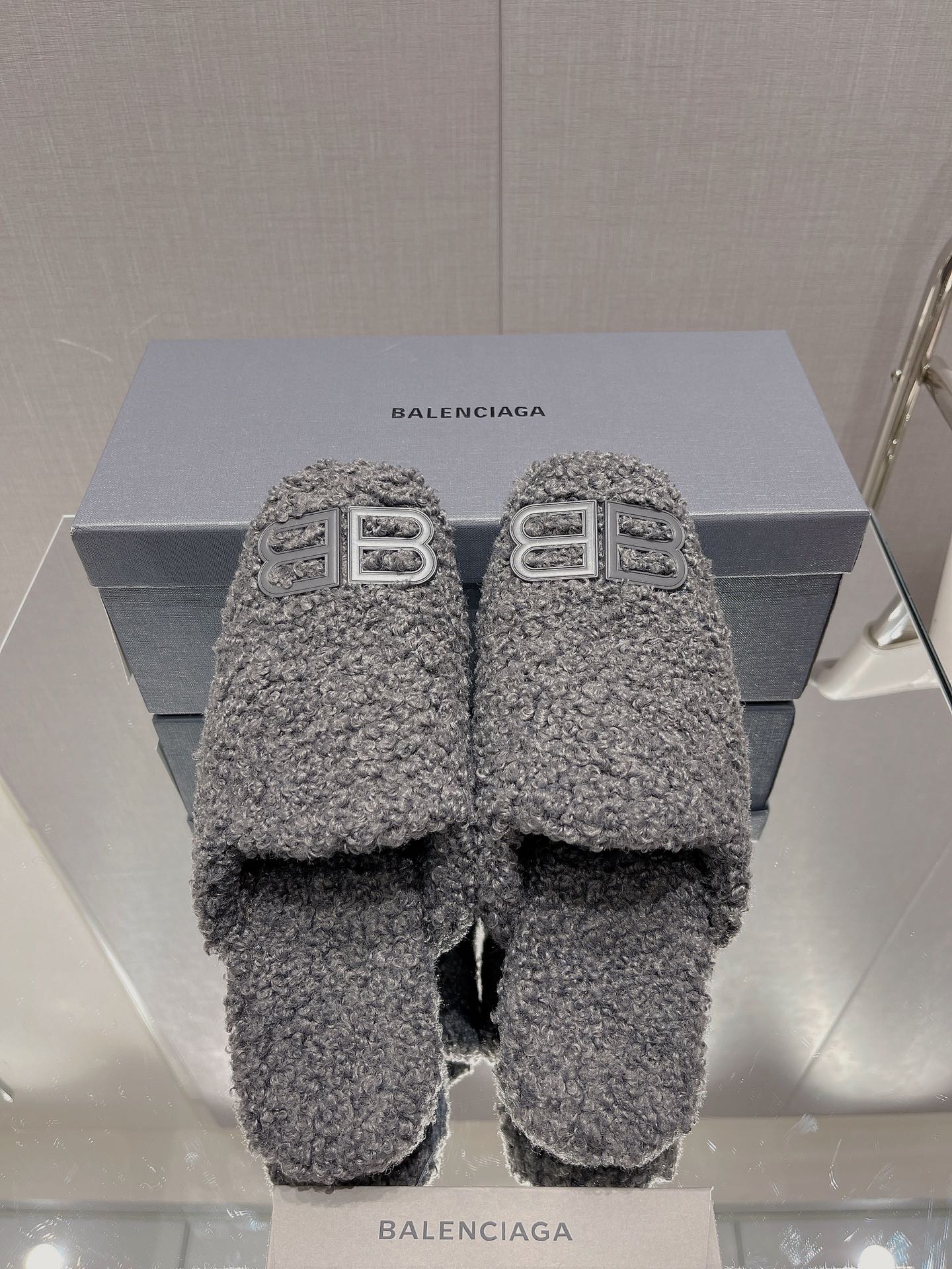 BALENCIAGA 25S MULES IN GRAY WOOL WITH LOGO