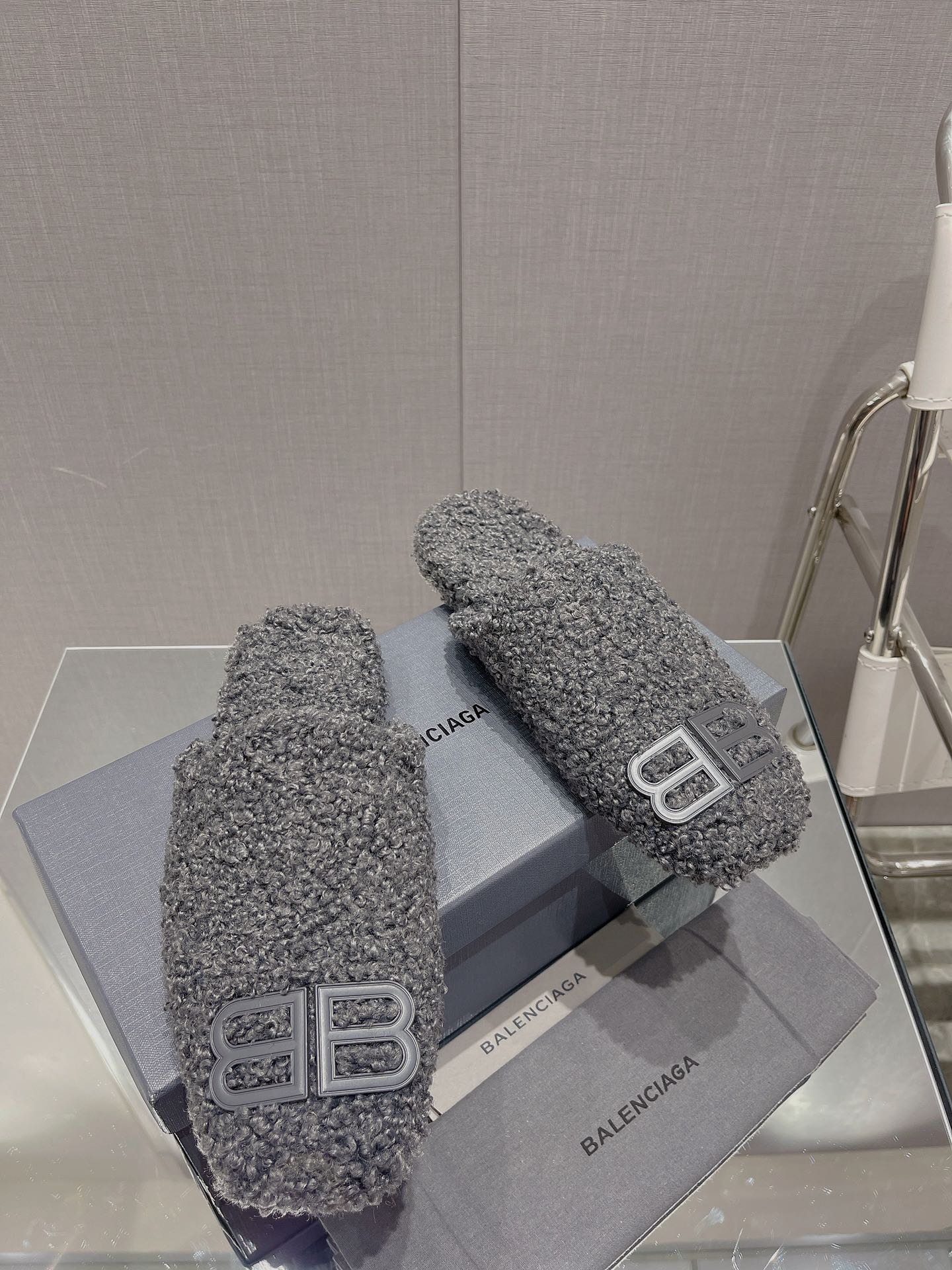 BALENCIAGA 25S MULES IN GRAY WOOL WITH LOGO
