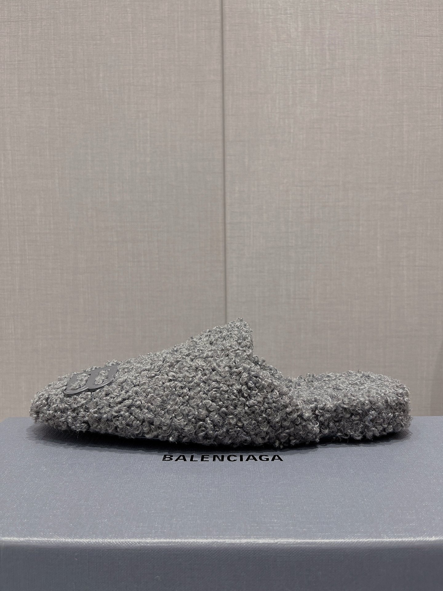 BALENCIAGA 25S MULES IN GRAY WOOL WITH LOGO
