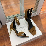 BALMAIN 25S THIN STRAP HIGH HEELS 105MM IN DARK BROWN SUEDE GOLD HARDWARE