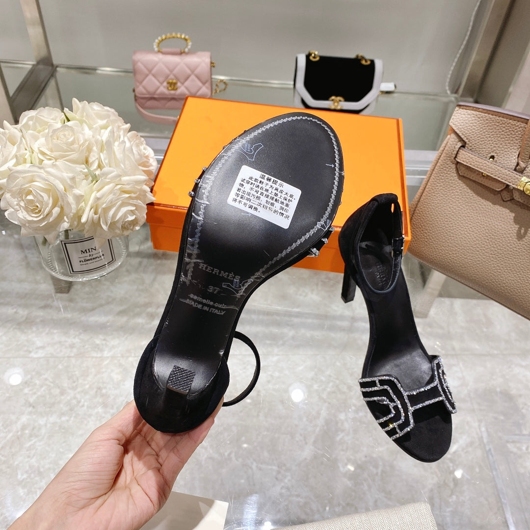 PREMIERE 105 SANDAL IN BLACK SUEDE WITH RHINSTONES