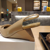 PRADA 26S POINTED TOE WEDGE SLINGBACK PUMPS IN BEIGE PATENT CALFSKIN