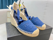 PRADA 26S ESPADRILLE HIGH HEEL SANDALS IN BLUE CANVAS