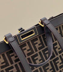 FENDI TOTE 41 BAG IN BROWN MIX BLACK MONOGRAM CANVAS GOLD HARDWARE
