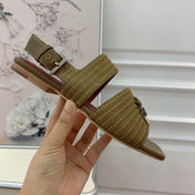 LP RAFFIA CHARMS STRAP FLATS SANDAL OLIVE CALFSKIN