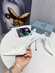 PRADA 26S SLINGBACK PUMPS STILETTO HEEL 95MM IN WHITE PATENT CALFSKIN LOGO