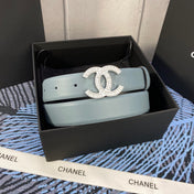 CHANEL 25S BELT 30 MM IN GREY BLUE CALFSKIN WITH SILVER HARDWARE 615102