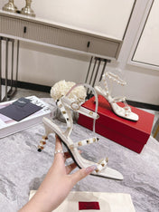 HIGH HEEL 6 CM SANDAL IN WHITE LAMBSKIN WITH STUDS