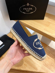 PRADA 26S EMBROIDERED LOGO ESPADRILLE FLATS IN NAVY BLUE CANVAS