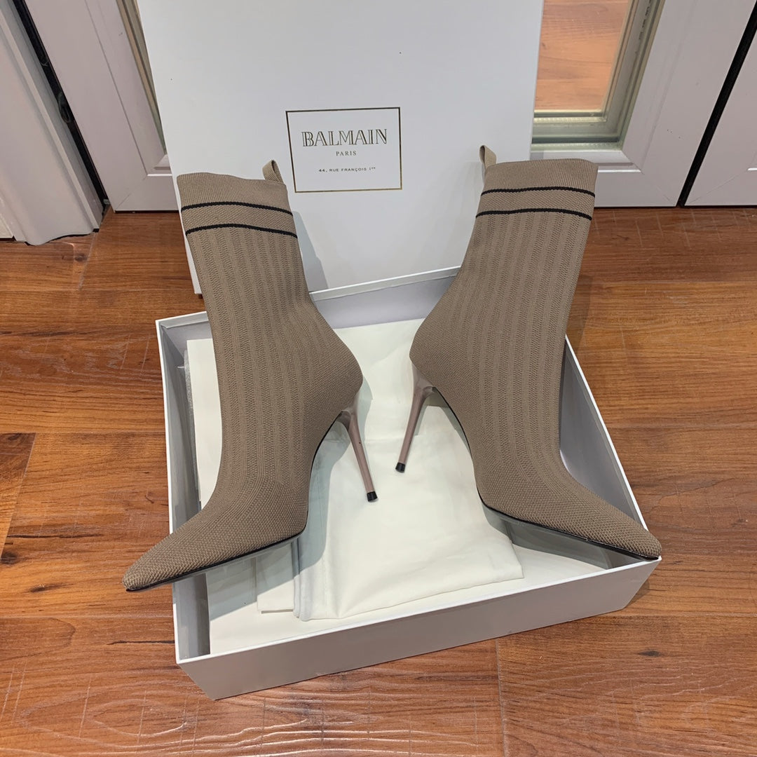 BALMAIN 26S BOOTS 105 MM IN TAUPE BROWN FLYKNIT STYLE 17