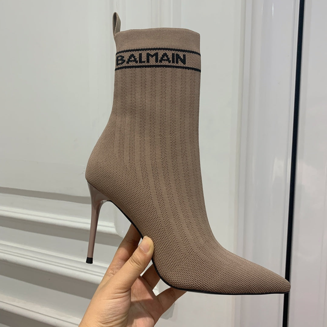 BALMAIN 26S BOOTS 105 MM IN TAUPE BROWN FLYKNIT STYLE 17
