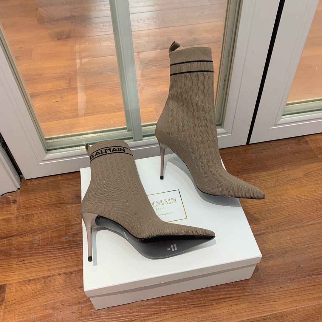 BALMAIN 26S BOOTS 105 MM IN TAUPE BROWN FLYKNIT STYLE 17