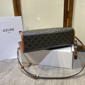 CELINE 25S HORIZONTAL CABAS 34MM IN BLACK TRIOMPHE CANVAS AND BROWN CALFSKIN