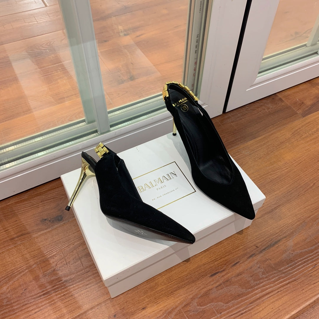BALMAIN 26S SLINGBACK 95 MM IN BLACK SUEDE WITH GOLD HARDWARE