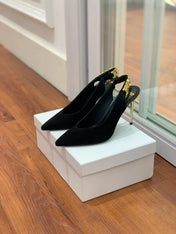 BALMAIN 26S SLINGBACK 95 MM IN BLACK SUEDE WITH GOLD HARDWARE