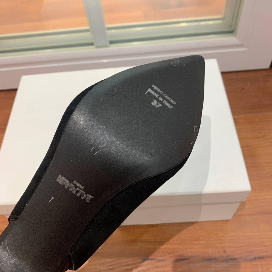 BALMAIN 26S SLINGBACK 95 MM IN BLACK SUEDE WITH GOLD HARDWARE