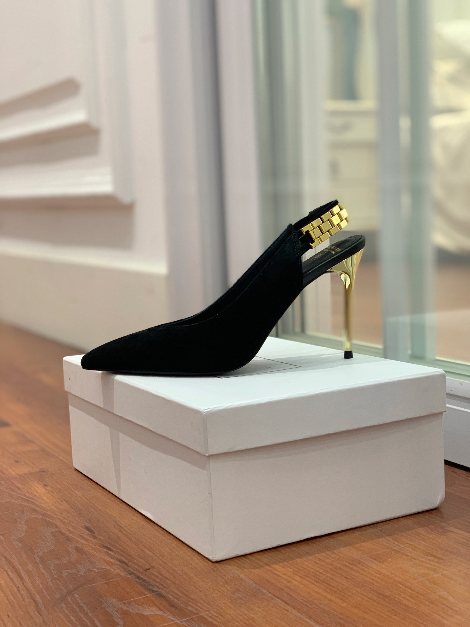 BALMAIN 26S SLINGBACK 95 MM IN BLACK SUEDE WITH GOLD HARDWARE