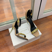 BALMAIN 25S METAL STRAP HIGH HEELS 95MM IN LIGHT BROWN SUEDE GOLD HARDWARE