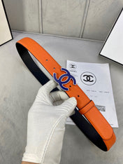 CC 30MM BELT IN FIRE ORANGE GRAINED CALFSKIN WITH NAVY BLUE METAL LOGO
