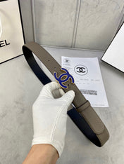 CC 30MM BELT IN MOCHA BROWN GRAINED CALFSKIN WITH NAVY BLUE LOGO