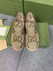 GG HORSEBIT LOAFER IN ECRU BEIGE WOVEN FABRIC AND WOOL MIX LAMB FUR LINING