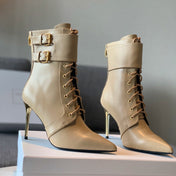 BALMAIN 26S LACE-UP ANKLE BOOTS 105 MM IN BEIGE CALFSKIN
