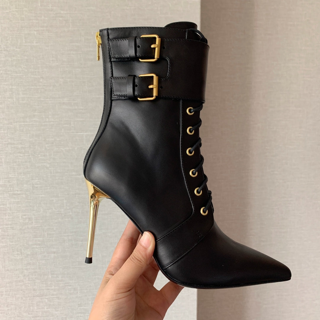BALMAIN 26S LACE-UP ANKLE BOOTS 105 MM IN BLACK CALFSKIN
