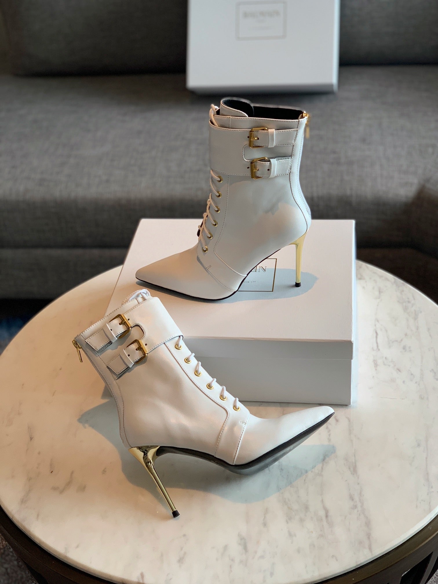 BALMAIN 26S LACE-UP ANKLE BOOTS 105 MM IN WHITE CALFSKIN