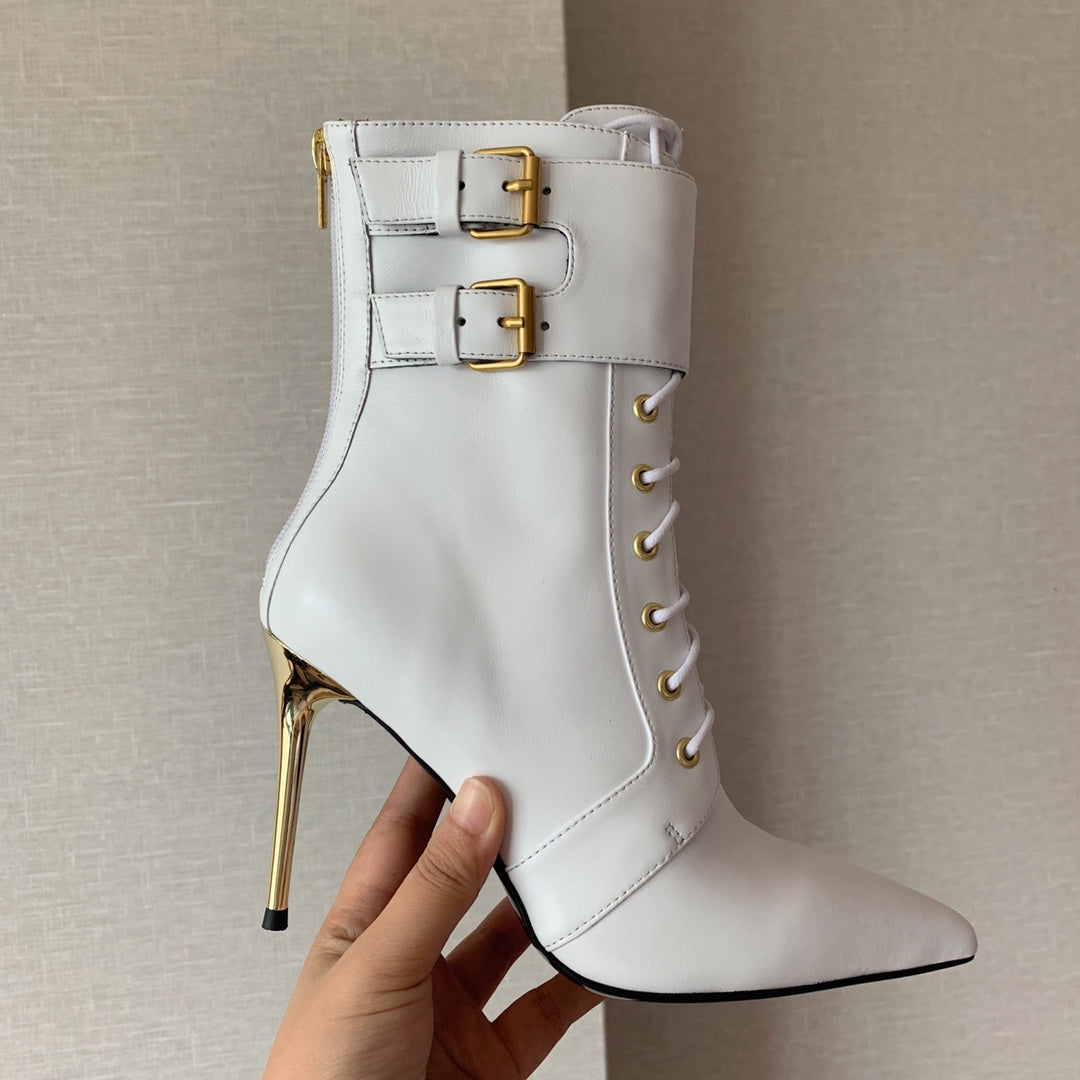 BALMAIN 26S LACE-UP ANKLE BOOTS 105 MM IN WHITE CALFSKIN