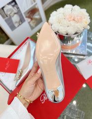 EFFLORESCENCE POINTED-TOE PUMPS IN SILVER SATIN WITH CRYSTAL BUCKLE