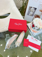 EFFLORESCENCE POINTED-TOE PUMPS IN SILVER SATIN WITH CRYSTAL BUCKLE