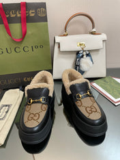 GG LOAFER IN PEANUT BROWN JACQUARD AND BLACK CALFSKIN WITH BEIGE WOOL LINING