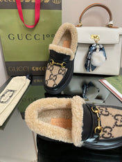 GG LOAFER IN CAMEL BROWN JACQUARD AND BLACK CALFSKIN WITH BEIGE WOOL LINING