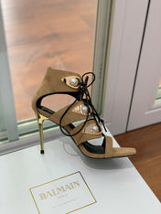 BALMAIN 25S HIGH HEELS 95MM IN LIGHT BROWN SUEDE WITH PEARL