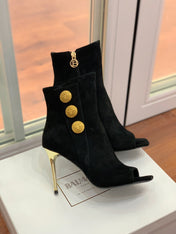 BALMAIN 26S OPEN-TOE BOOTS 95 MM IN BLACK SUEDE