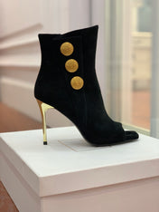 BALMAIN 26S OPEN-TOE BOOTS 95 MM IN BLACK SUEDE