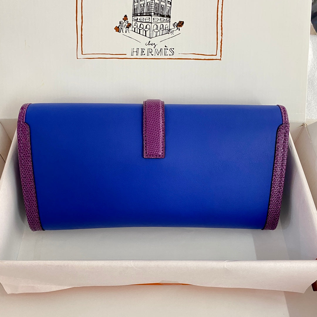 JIGE ELAN 29 CLUTCH IN COBALT BLUE CALFSKIN WITH VIOLET PURPLE LIZARD SKIN