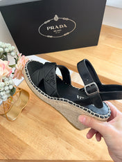 PRADA 26S CROSS STRAP ESPADRILLE WEDGE SANDALS IN BLACK CALFSKIN