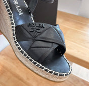 PRADA 26S CROSS STRAP ESPADRILLE WEDGE SANDALS IN BLACK CALFSKIN