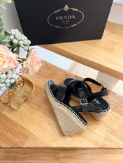 PRADA 26S CROSS STRAP ESPADRILLE WEDGE SANDALS IN BLACK CALFSKIN