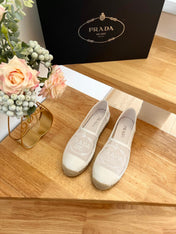 PRADA 26S EMBROIDERED LOGO ESPADRILLE FLATS IN IVORY WHITE MESH AND CALFSKIN