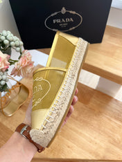 PRADA 26S EMBROIDERED LOGO ESPADRILLE FLATS IN GOLD MESH AND CALFSKIN