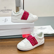 VALENTINO 25S GARAVANI ROCKSTUD UNTITLED STUDDED SNEAKERS IN WHITE LAMBSKIN AND RED STONE-EMBELLISHED
