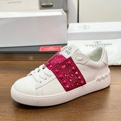VALENTINO 25S GARAVANI ROCKSTUD UNTITLED STUDDED SNEAKERS IN WHITE LAMBSKIN AND RED STONE-EMBELLISHED